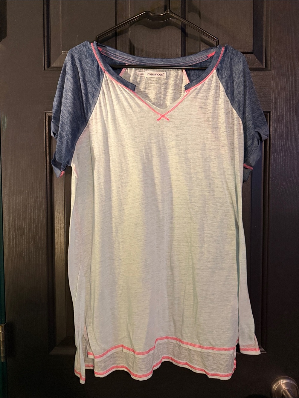 Maurices White Raglan Tunic with Blue Sleeves and Pink Trim
